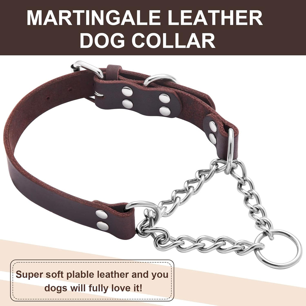Leather Martingale Dog Collar, Genuine & Stainless Steel Chain Martingale Collar No-Pull Adjustable Anti-Slip