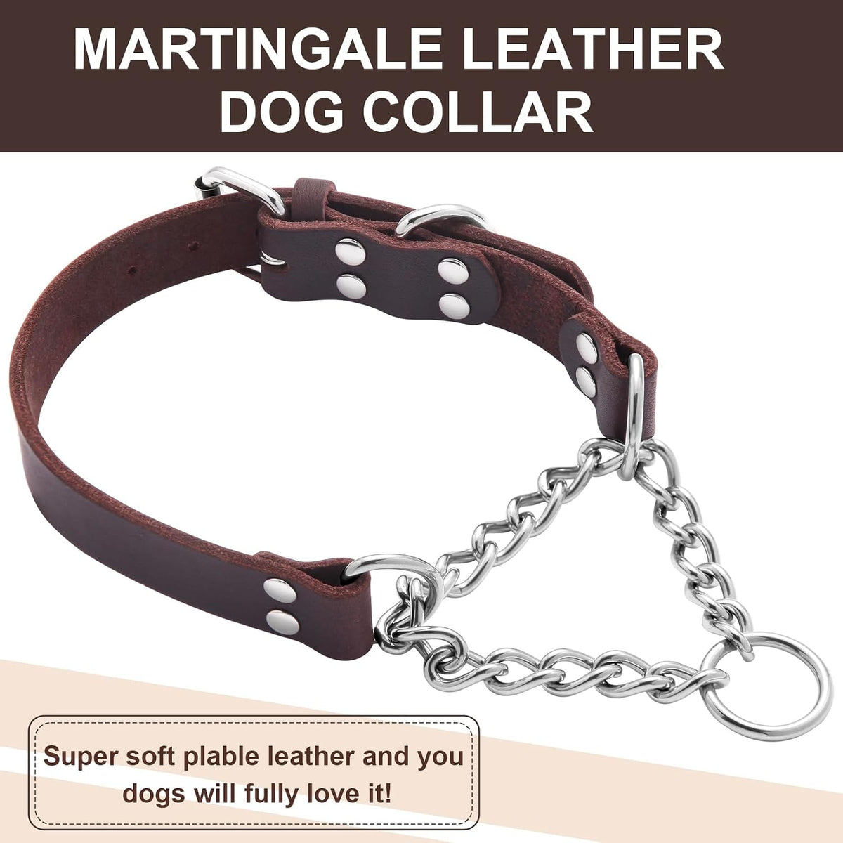 Leather Martingale Dog Collar, Genuine & Stainless Steel Chain Martingale Collar No-Pull Adjustable Anti-Slip