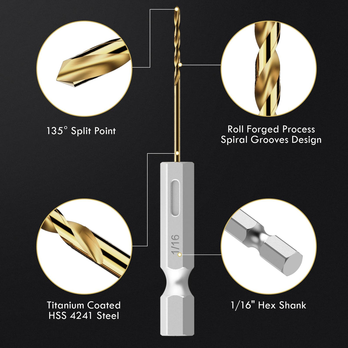 MACXCOIP 16Pcs 1/16" Hex Shank Titanium Twist Drill Bit Set