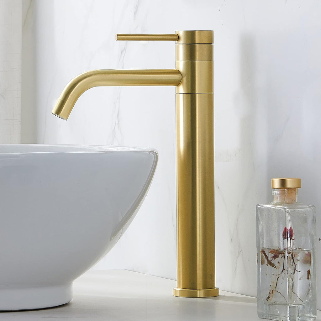 Hotis Gold Vessel Sink Faucet, 360 Swivel Brushed Gold Vessel Faucet, Single Handle Tall Body Farmhouse Vessel