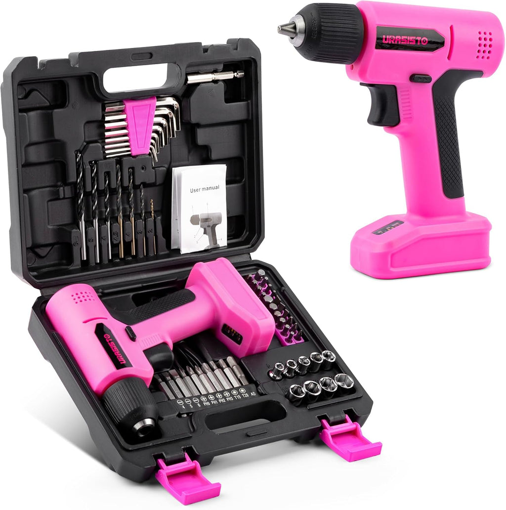 8V Pink Cordless Drill, Power Drill Tool Set, Built-in LED, 58pcs Acessories with Household Tool Set Gift Box, Pink