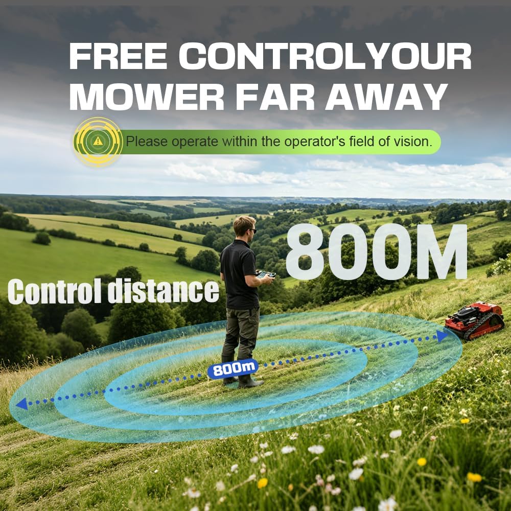Remote Control Lawn Mower - All Terrain Tracks, 45° Slope Climbing, Gas Electric Hybrid, High Power Strong Mower