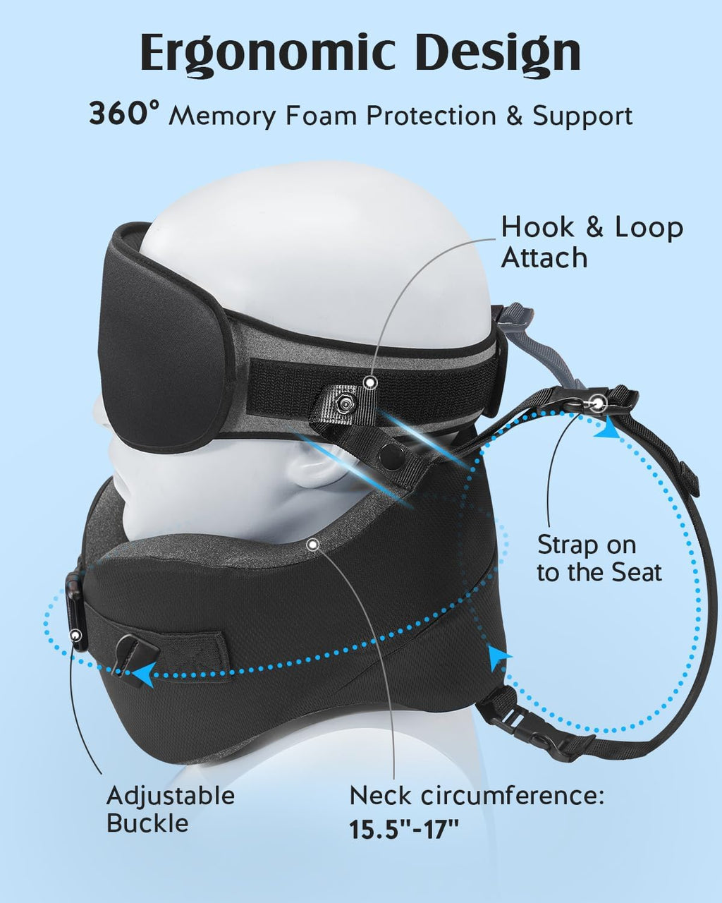 Travel Pillow for Long Flight Airplane, Head Strap Combo with 3D Contoured Sleep Eye Mask, Neck Pillow for Travel