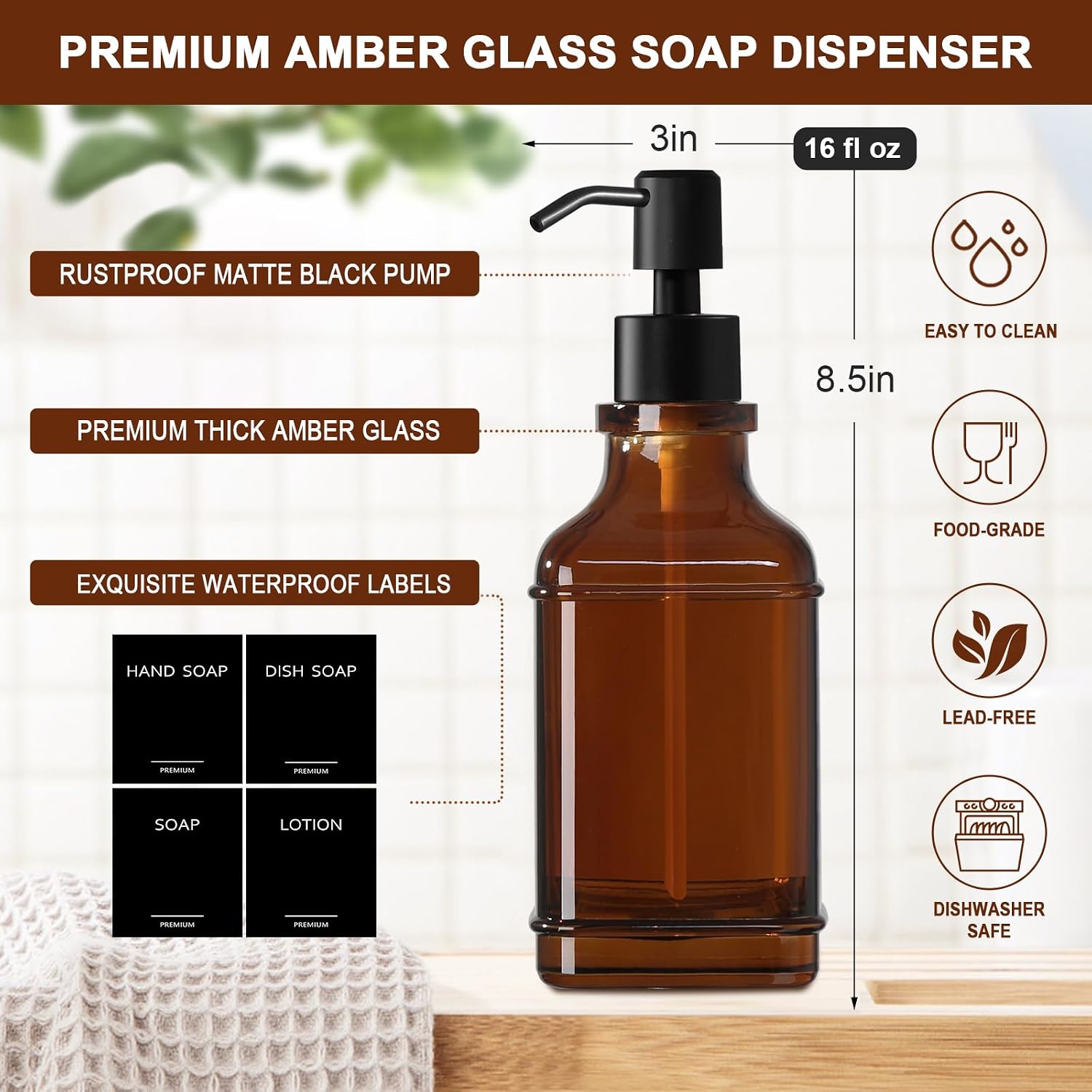 Modern Kitchen Soap Dispenser Set with Wood Tray, Amber Glass Soap Dispensers with Pump, Decorative Hand and Dish