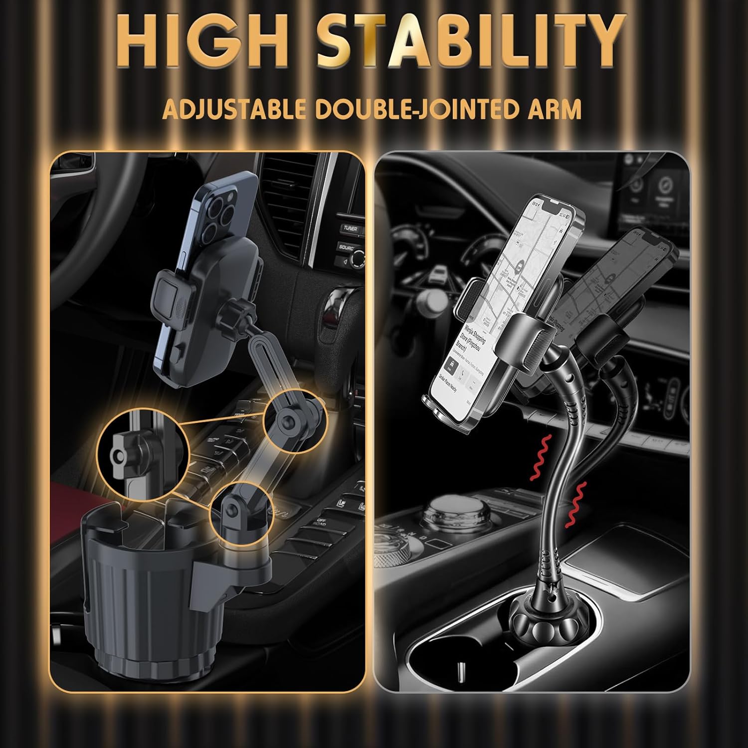 Phone Holders for Your Car, 2 in 1 Universal Cup Holder Expander Adjustable Base with Phone Mount, Long Arm with