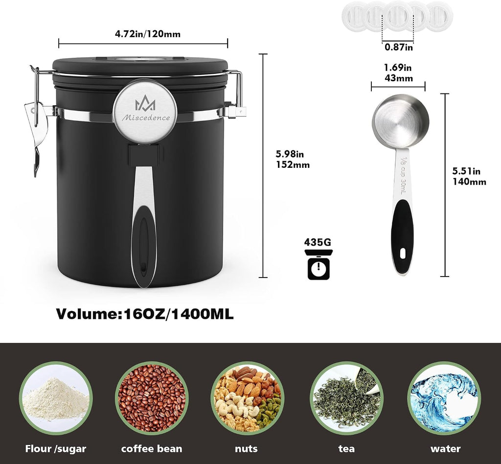 Coffee canister for ground coffee with Scoop Date Tracker One Way Co2 Valve 304 Stainless Steel Kitchen Food Airtight