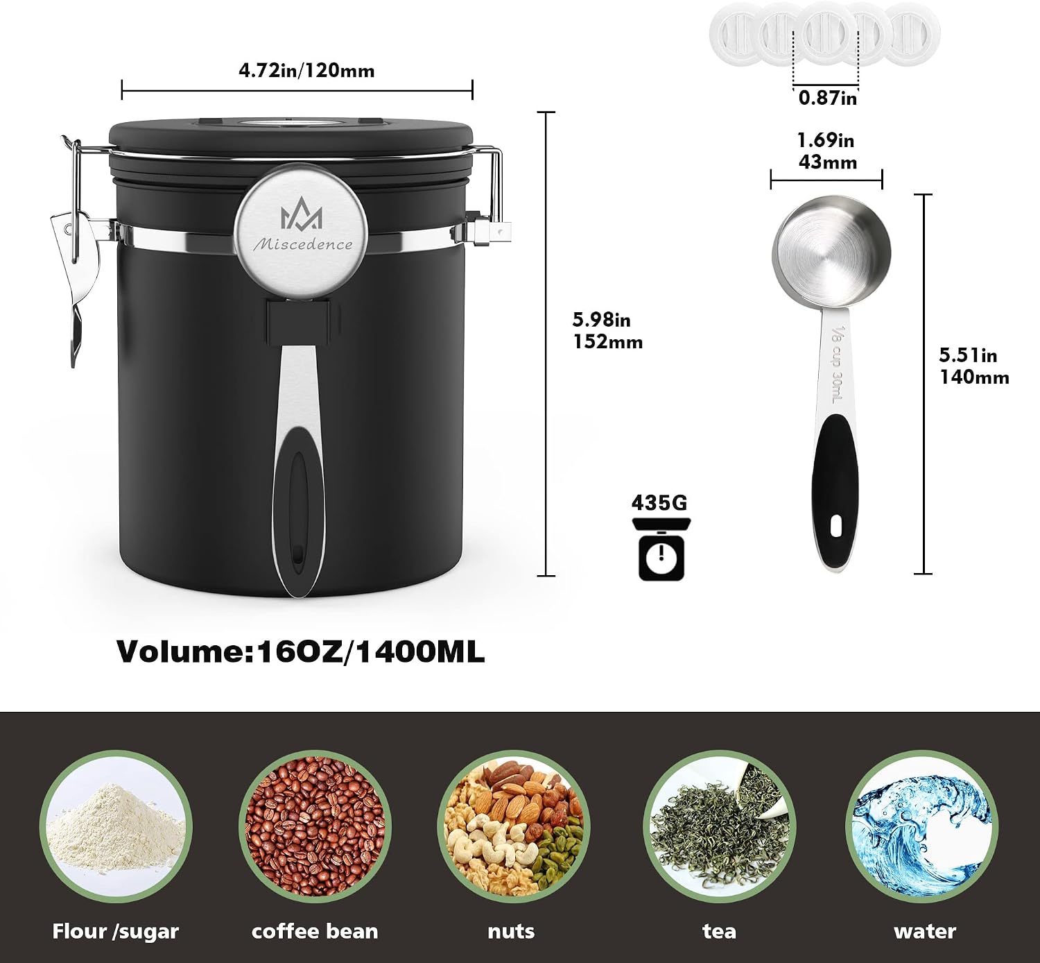 Coffee canister for ground coffee with Scoop Date Tracker One Way Co2 Valve 304 Stainless Steel Kitchen Food Airtight