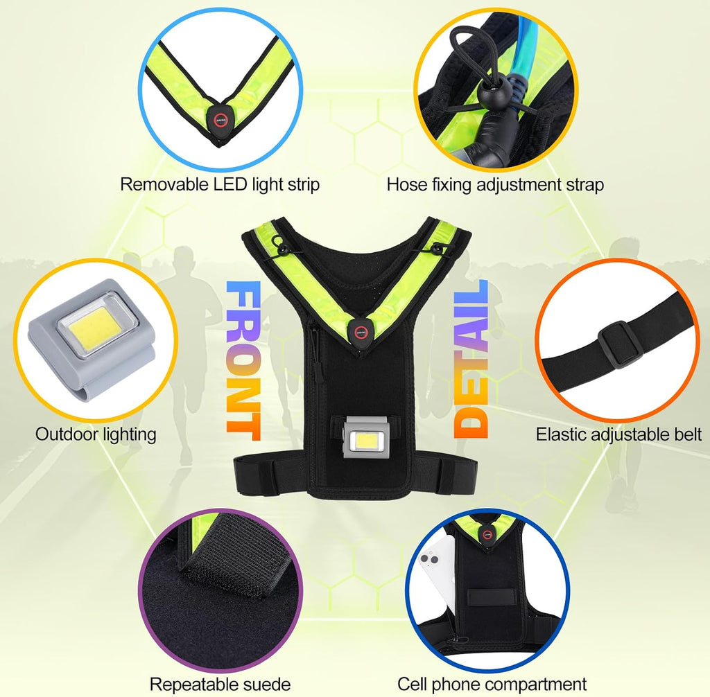 Running Vest for Women Men, Adjustable Straps Hydration Vest with Water Bladder, LED Reflective Belt and Outdoor