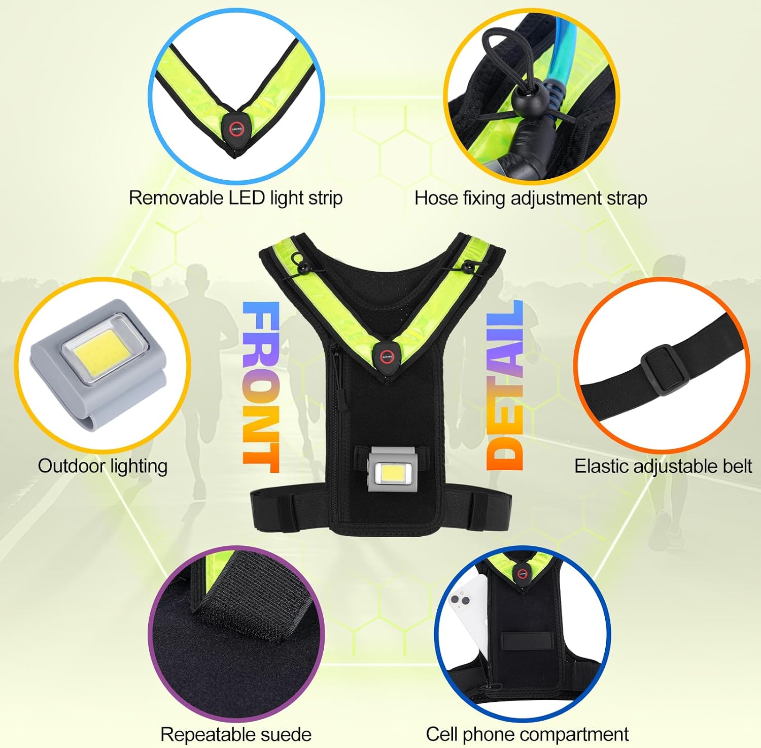 Running Vest for Women Men, Adjustable Straps Hydration Vest with Water Bladder, LED Reflective Belt and Outdoor