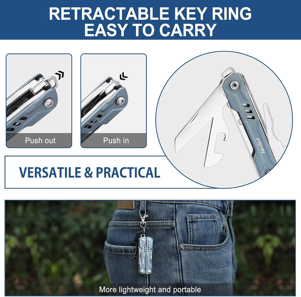 Mini Sailor S11 Keychain Multitool, 11-in-1 EDC Pliers (Blue) | Compact Ultra-Sharp Scissors, 5Cr15MoV Blade