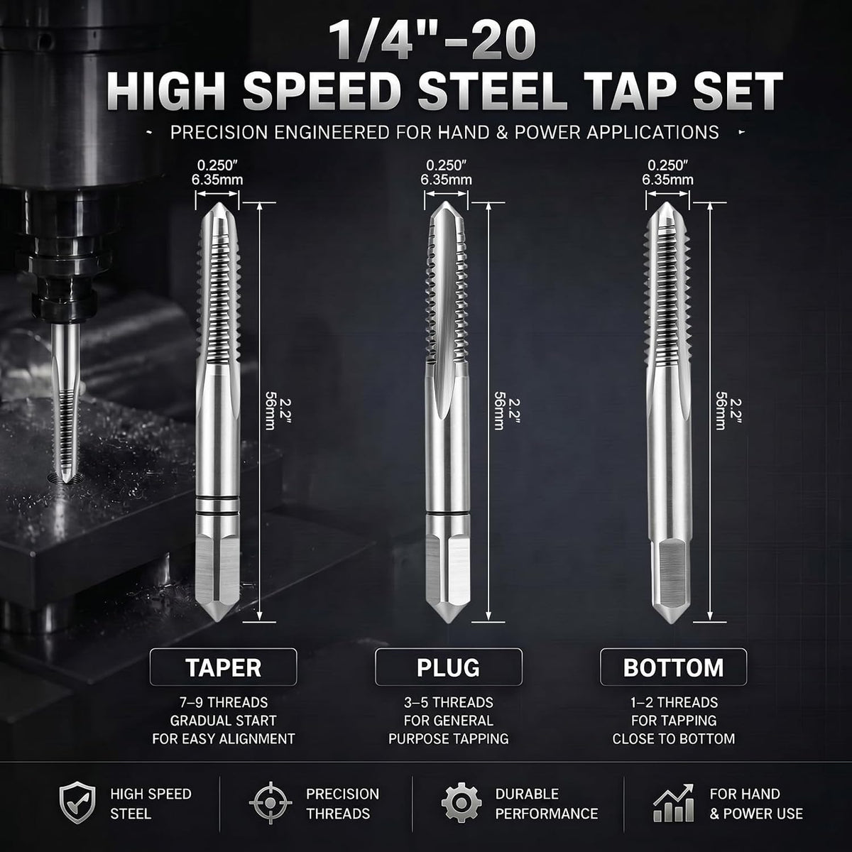 Gisafai 3 Pcs Hss Tap Set Taper Plug and Bottoming Hand Taps, 1/4"-20