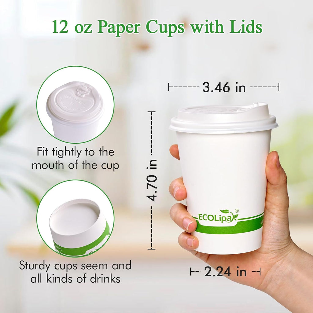100 Count 12 oz Compostable Paper Coffee Cups with CPLA Lid