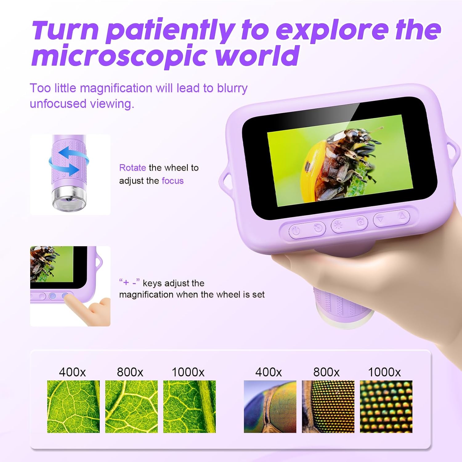 1000X Handheld Digital Kids Microscope with 3.0" IPS Screen, USB-Powered STEM Educational Science Toy with 8 LED