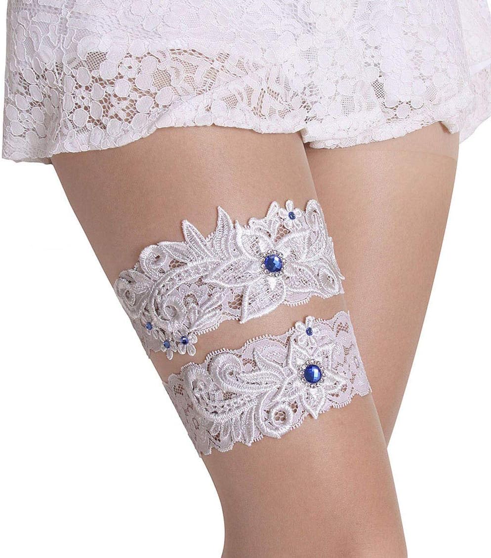 Wedding Garters for Bride Bridal Lace Garter Set with Blue Rhainstone Crystal