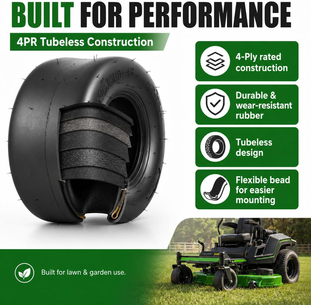 13x6.50-6 Lawn Mower Tires, Smooth 4PR Tubeless, Set of 2 | 13x6.5-6 for zero-turn mowers, garden tractors, golf