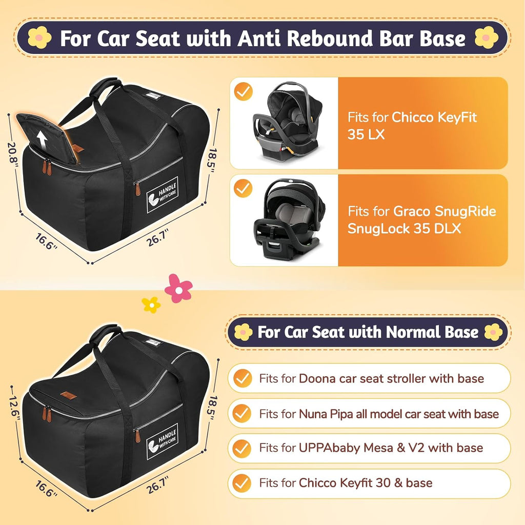 Car Seat Travel Bag Fits Infant Carseat with Anti-Rebound Bar Base | Padded, Side Pocket for Baby Essentials
