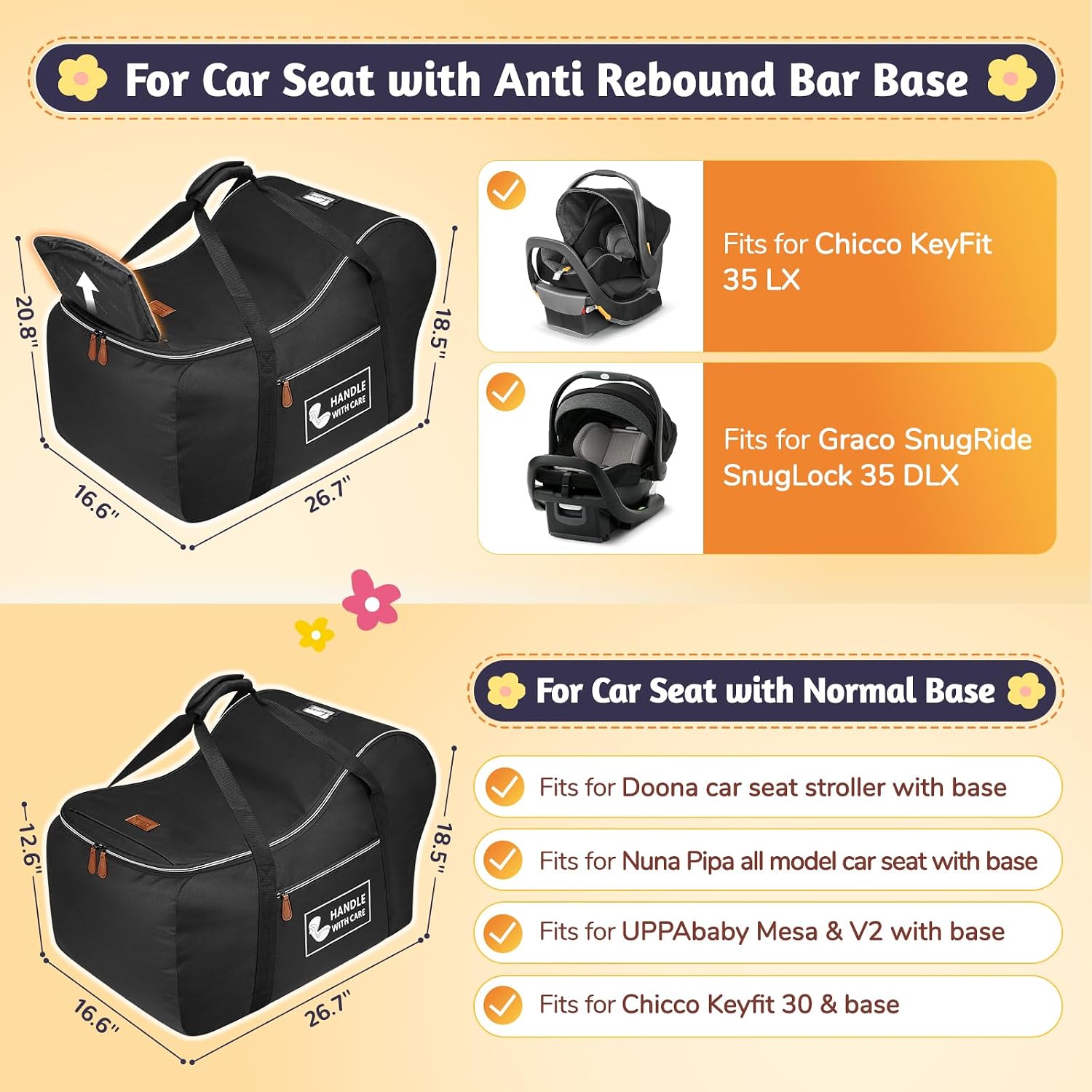 Car Seat Travel Bag Fits Infant Carseat with Anti-Rebound Bar Base | Padded, Side Pocket for Baby Essentials