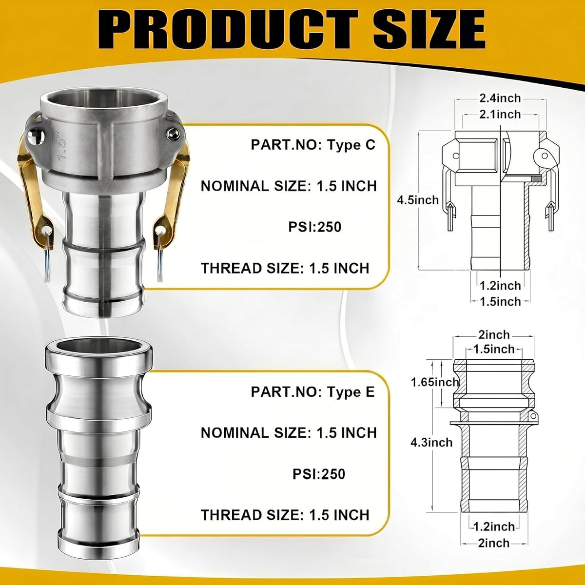 2 Set 1.5 Inch Camlock Fittings Type C&E