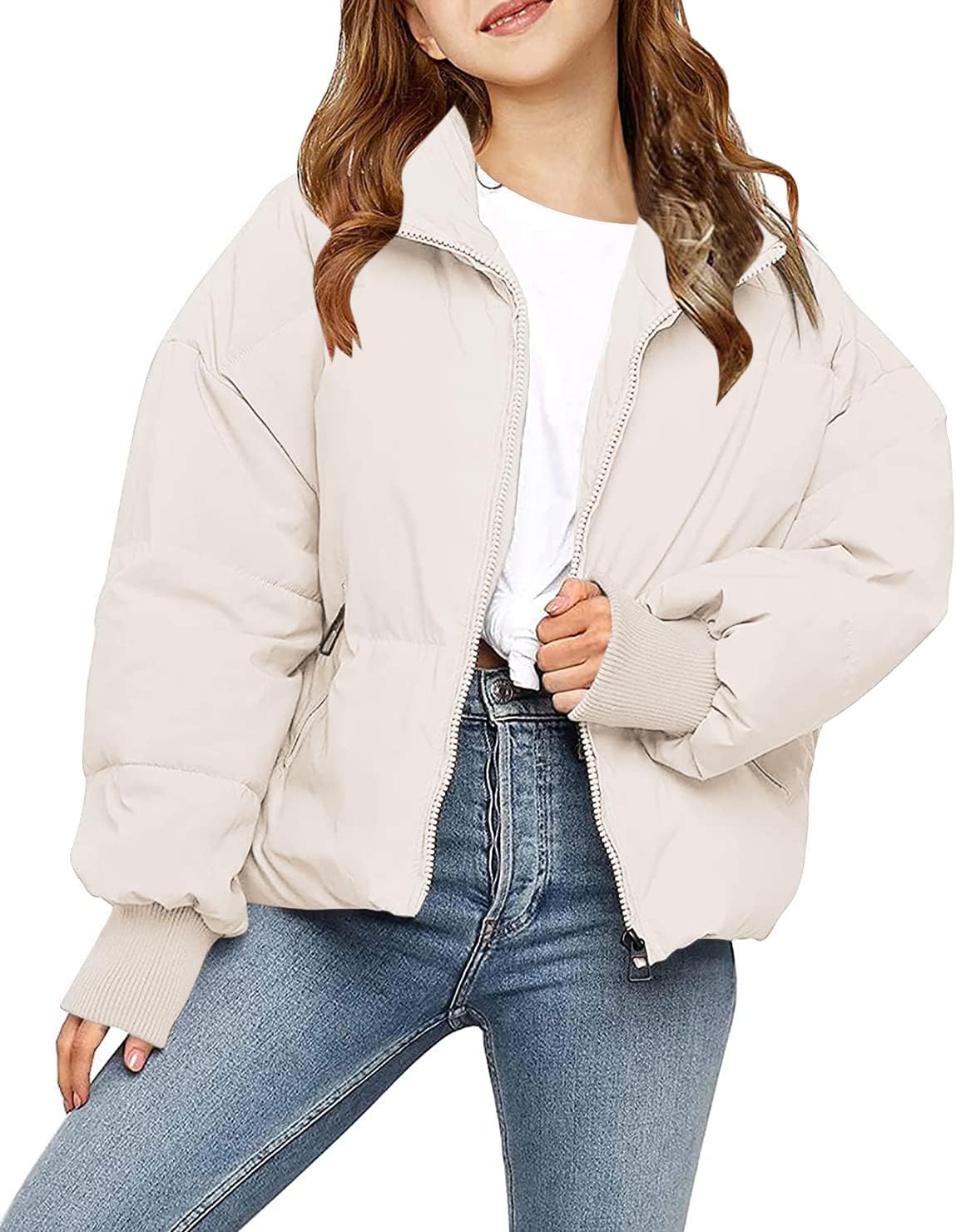 Girls Winter Long Sleeve Zip Puffer Jacket Kids Baggy Short Down Coats