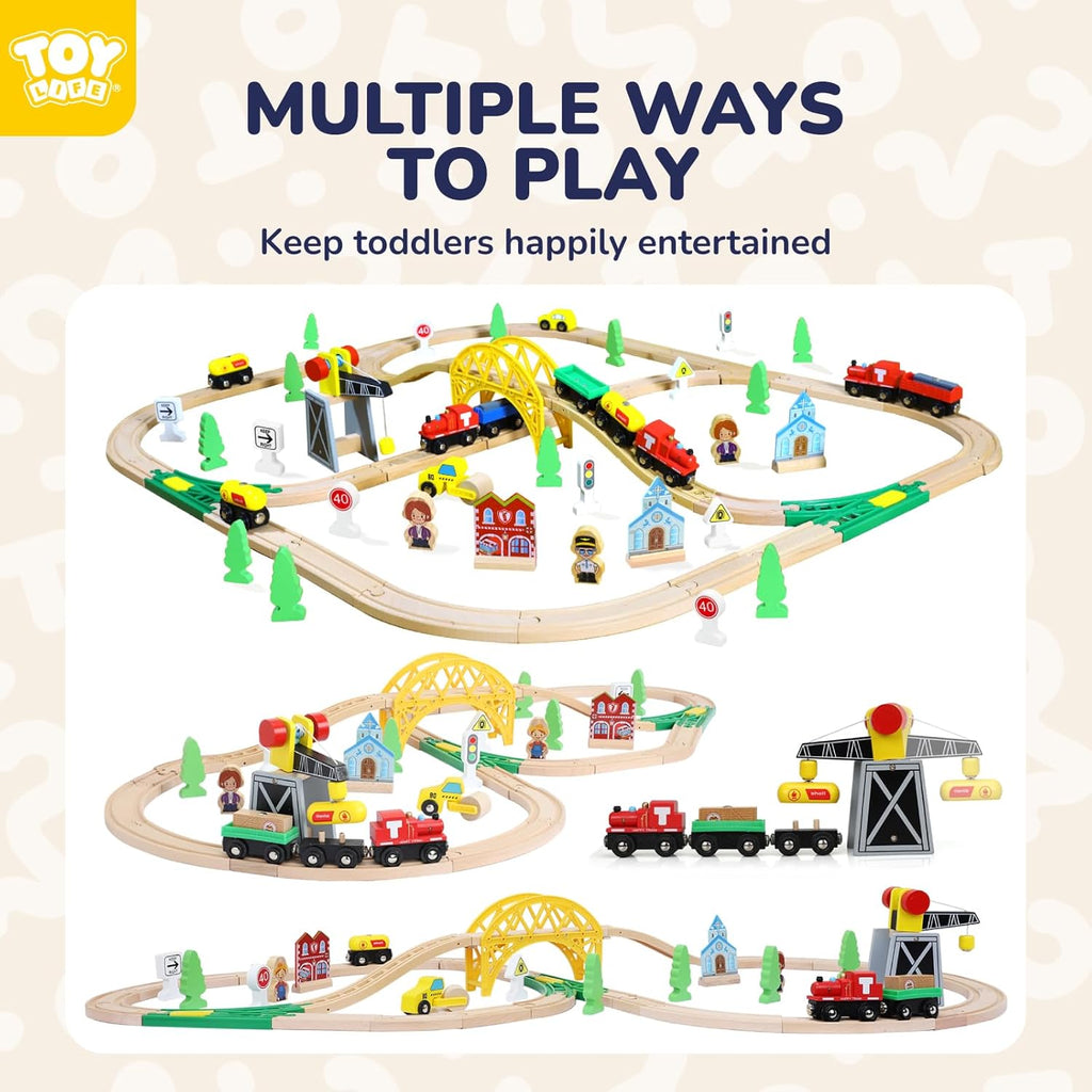 Wooden Train Set with Crane, 60-Pc Track, Boys 3-8 | Magnetic Snap-Together, Fits Thomas Brio Chuggington, Fine-Motor