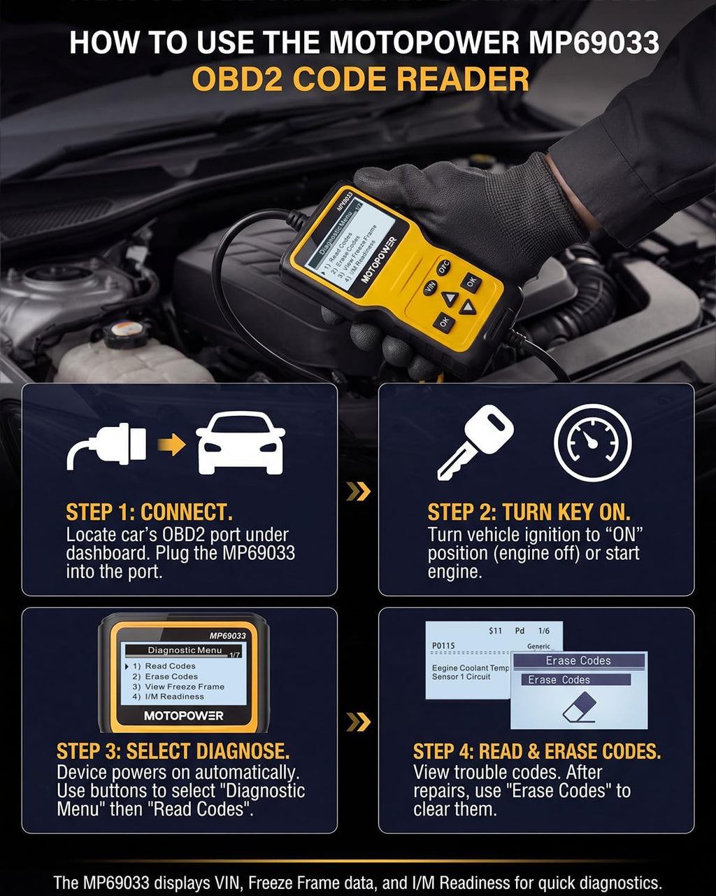 MP69033 Car OBD2 Scanner Code Reader Engine Fault Scanner CAN Diagnostic Scan Tool for All OBD II Protocol Cars Since