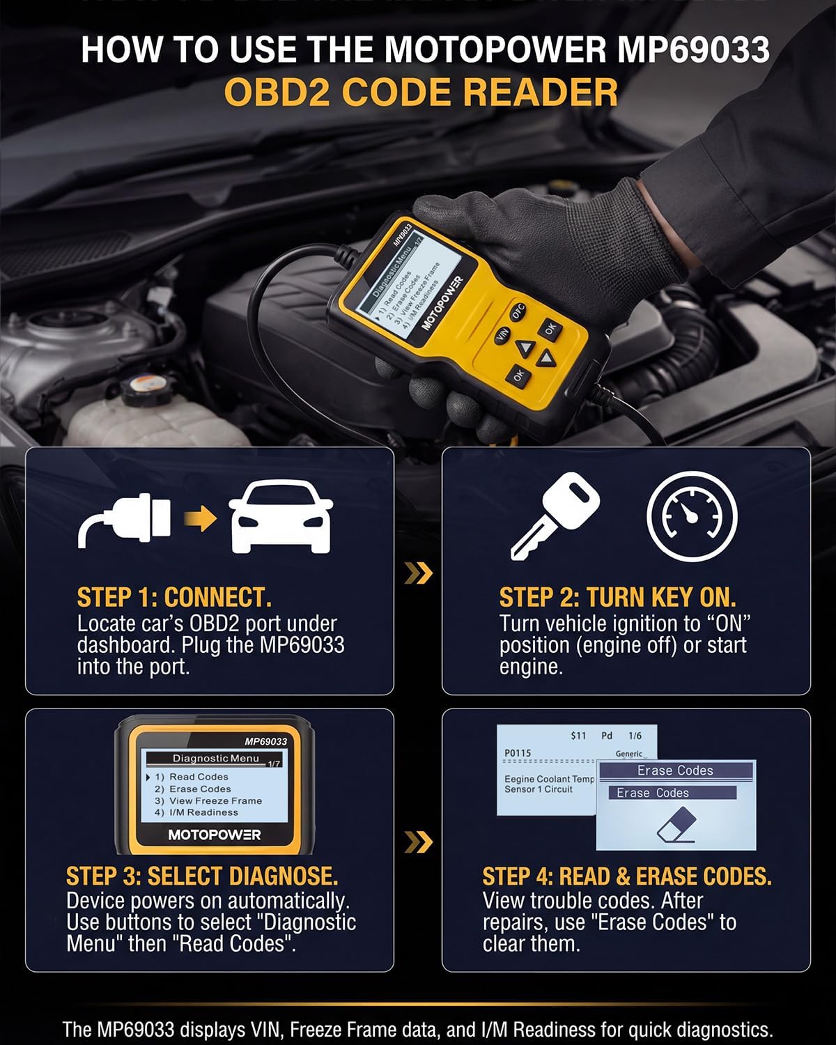 MP69033 Car OBD2 Scanner Code Reader Engine Fault Scanner CAN Diagnostic Scan Tool for All OBD II Protocol Cars Since