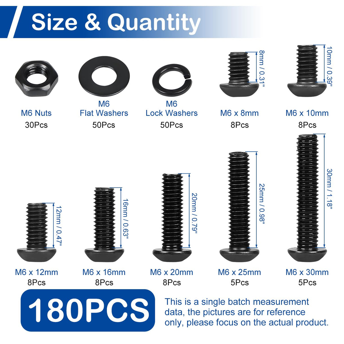 180 Pieces M6 Button Head Socket Cap Screws Nuts Washers Set Black