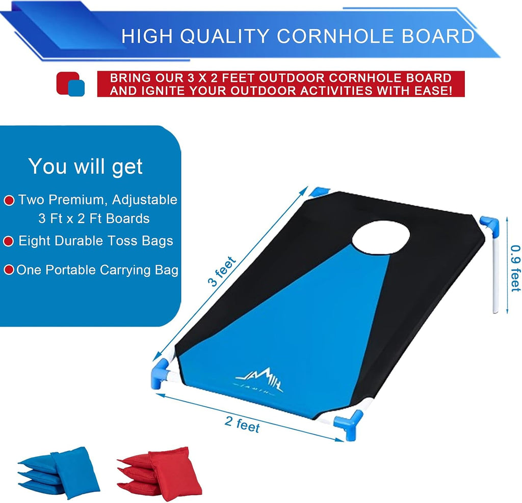 Portable Cornhole Board Set 3 x 2-feet | PVC Framed, 2 Cornhole Boards, Blue-Red, 8 Toss Bags, Carrying Bag, Outdoor