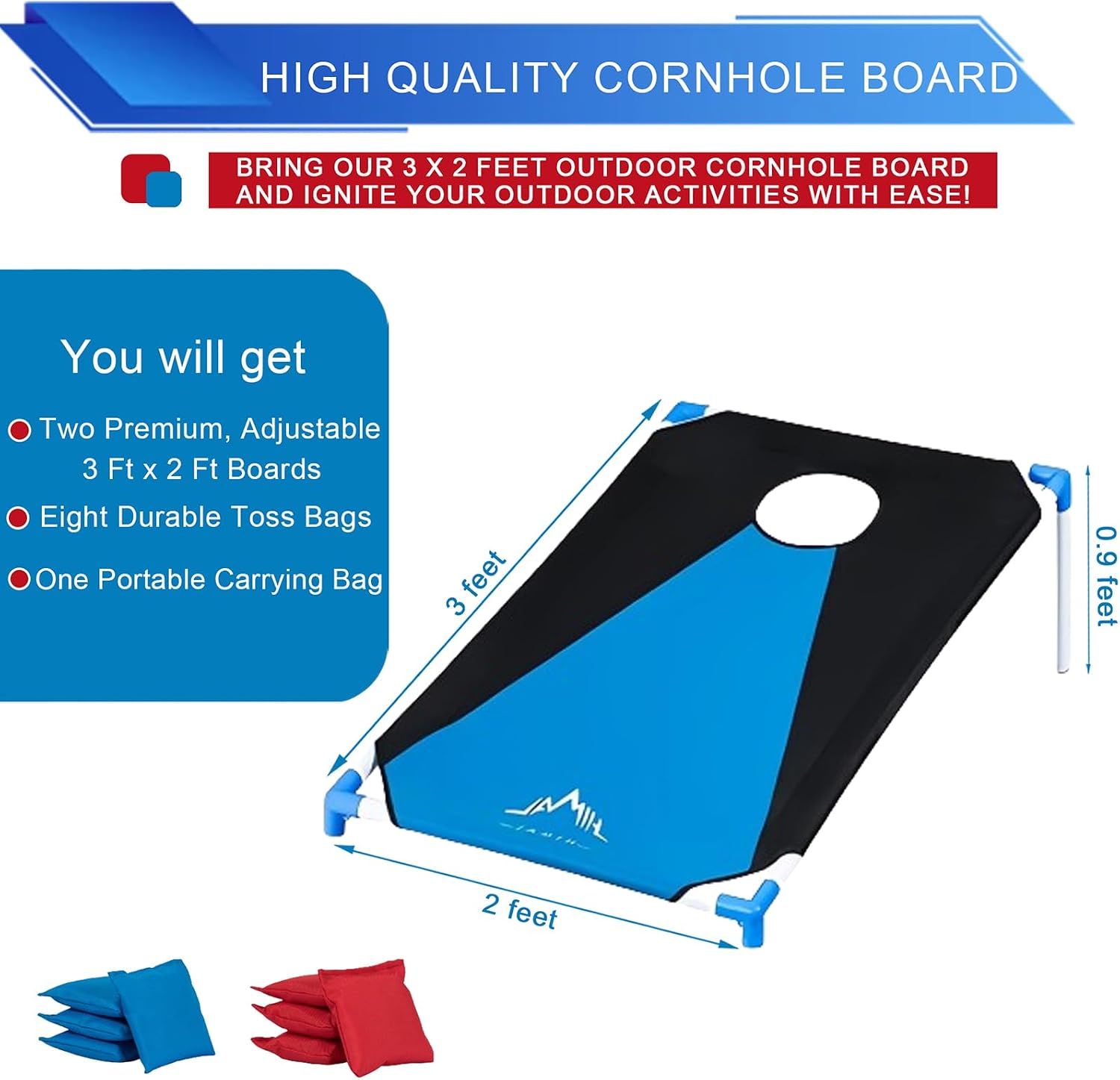 Portable Cornhole Board Set 3 x 2-feet | PVC Framed, 2 Cornhole Boards, Blue-Red, 8 Toss Bags, Carrying Bag, Outdoor