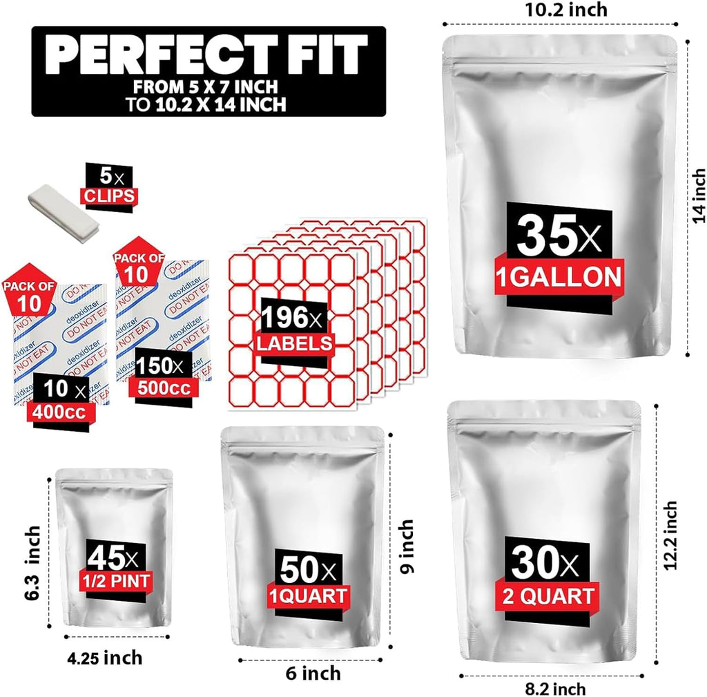 160 Mylar Bags with 160 Oxygen Absorbers-196 Labels & Stand-Up Reusable | 4 Sizes Smell Proof Airtight Resealable