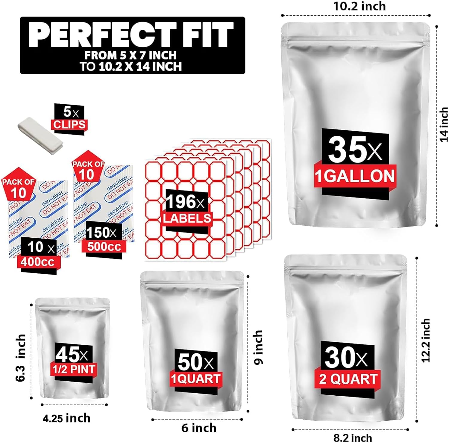 160 Mylar Bags with 160 Oxygen Absorbers-196 Labels & Stand-Up Reusable | 4 Sizes Smell Proof Airtight Resealable