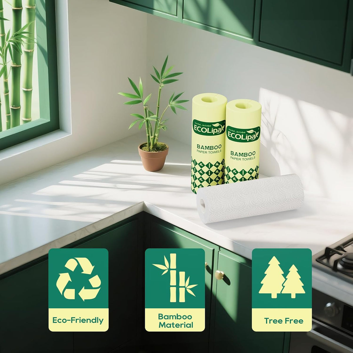 Bamboo Paper Towels, 8 Rolls, 2 Ply 120 Sheets, White