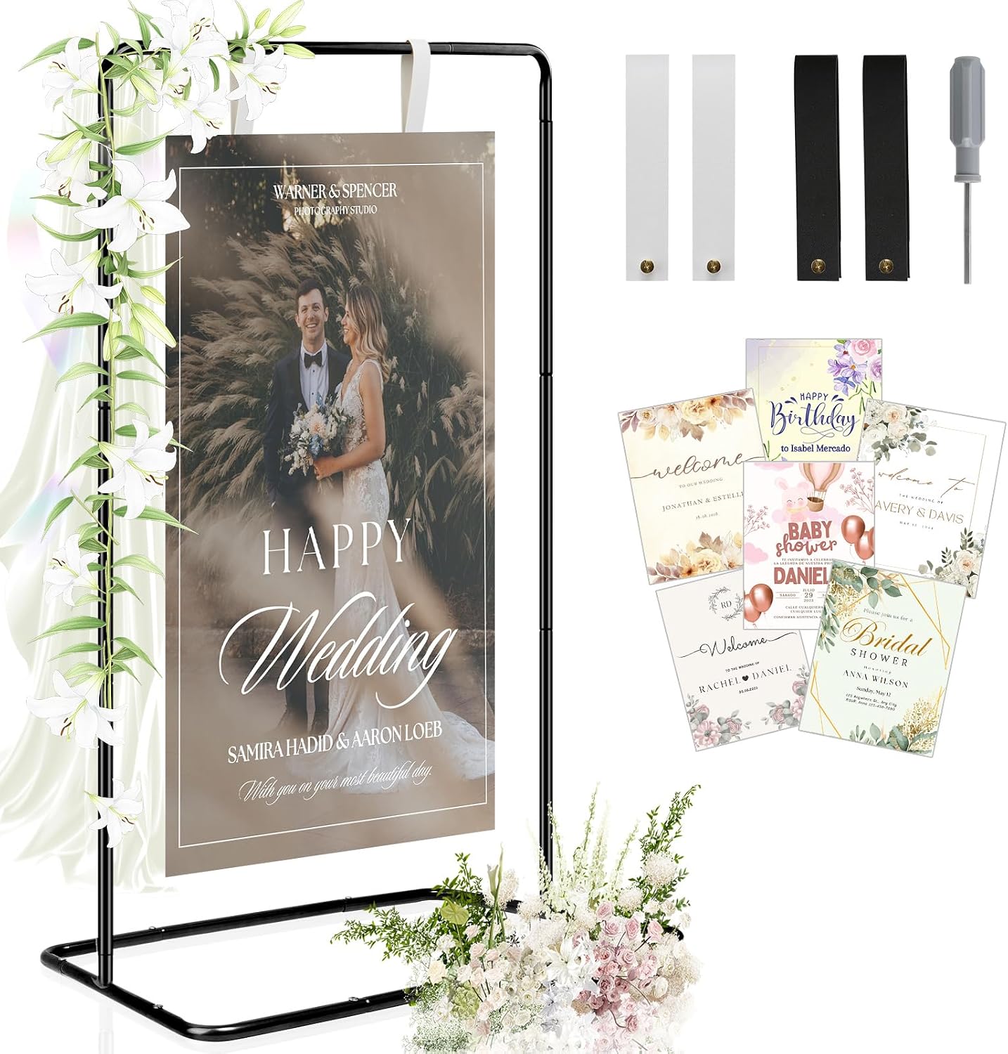 Wedding Welcome Sign Stand - Welcome to our Wedding Sign Holder, Black Easel Stand for Sign Poster With 39 Premium