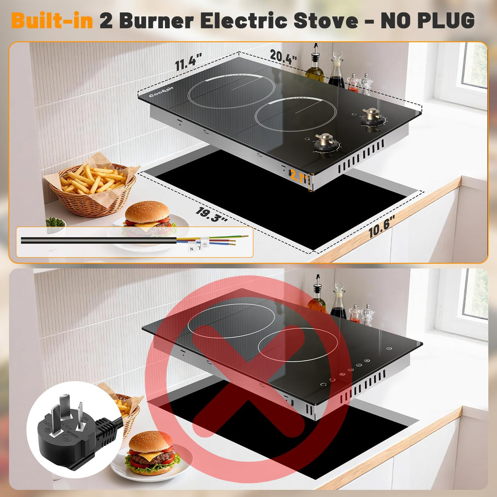 2 Burner Electric Cooktop 220V Hard Wired 3000W No Plug