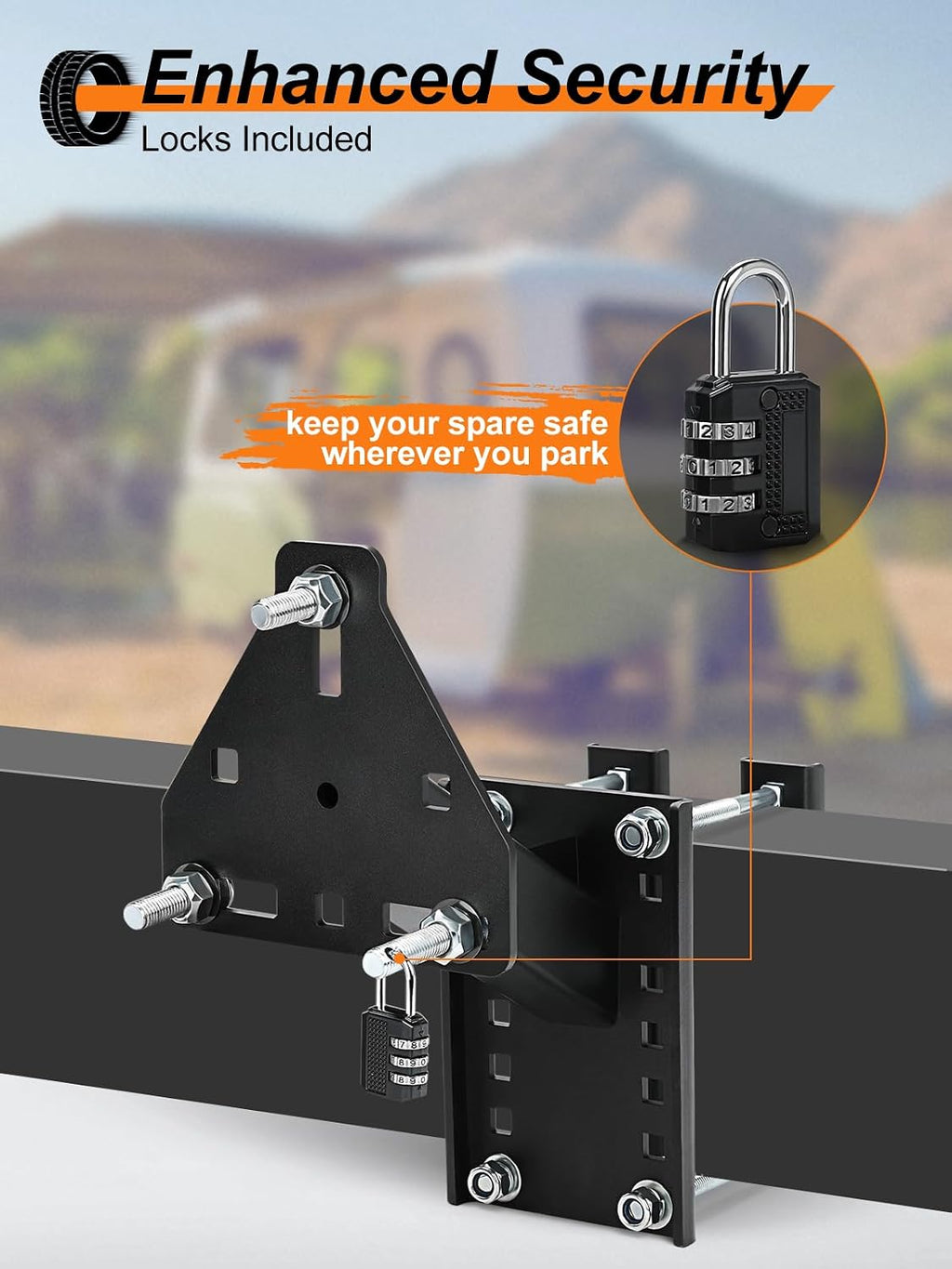Universal Spare Tire Carrier & Mount with Lock, Heavy Duty Steel Mount Fits 4, 5, 6 Lug Trailer Wheels, Bolt-On