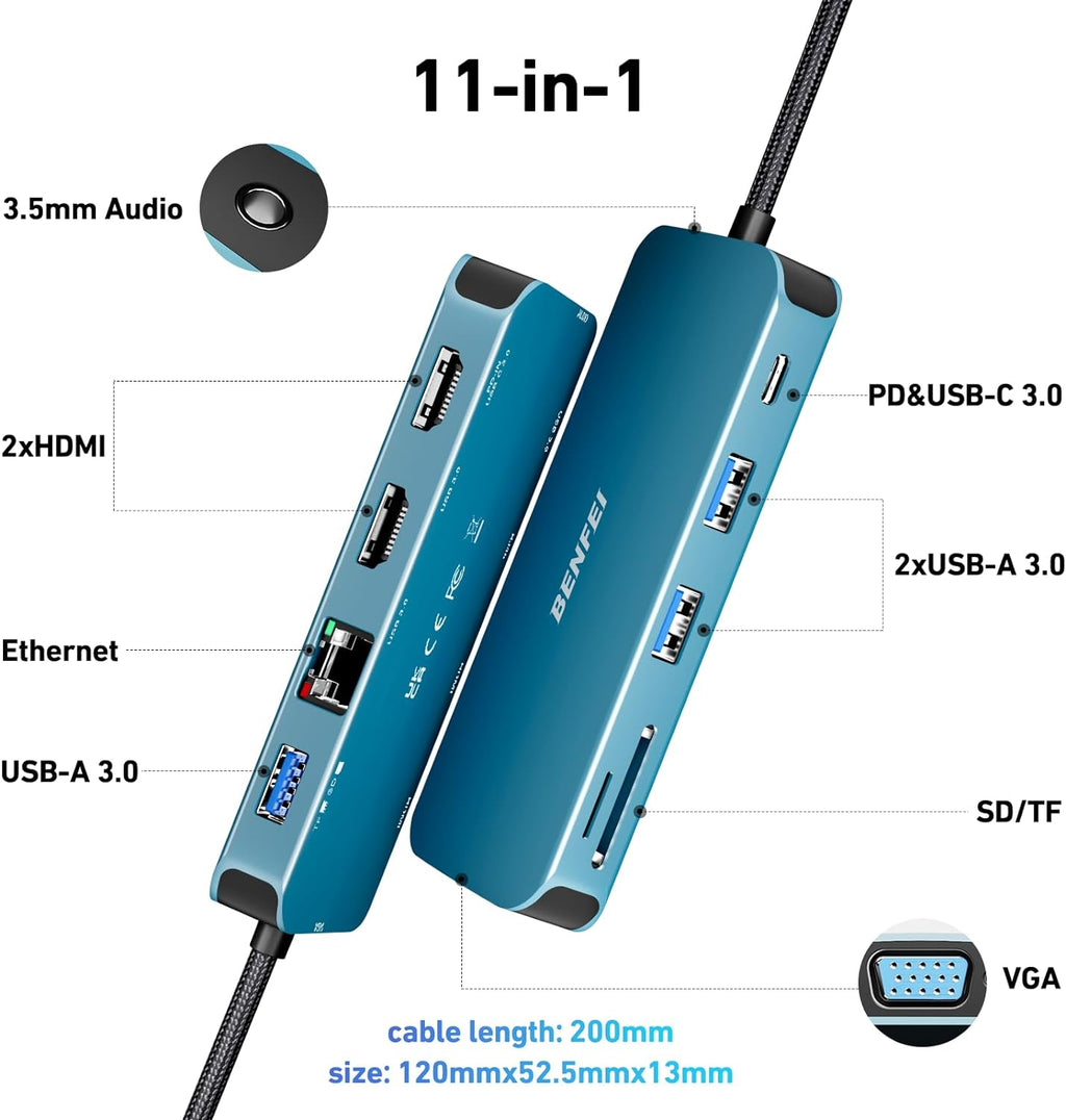 11-in-1 USB C Hub Triple Display Docking Station Dual HDMI, VGA, 3*USB 3.0, 1Gbps Ethernet, 100W Power Delivery