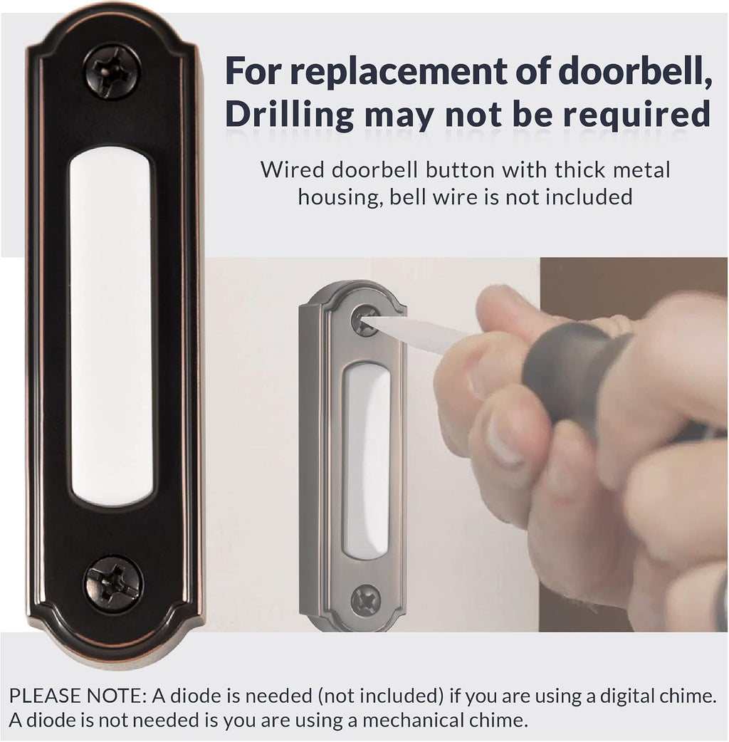 LED Lighted Metal Door Chime Push Button (Oil-Rubbed Bronze) | Surface Mount Lighted Door Bell Button | Replacement