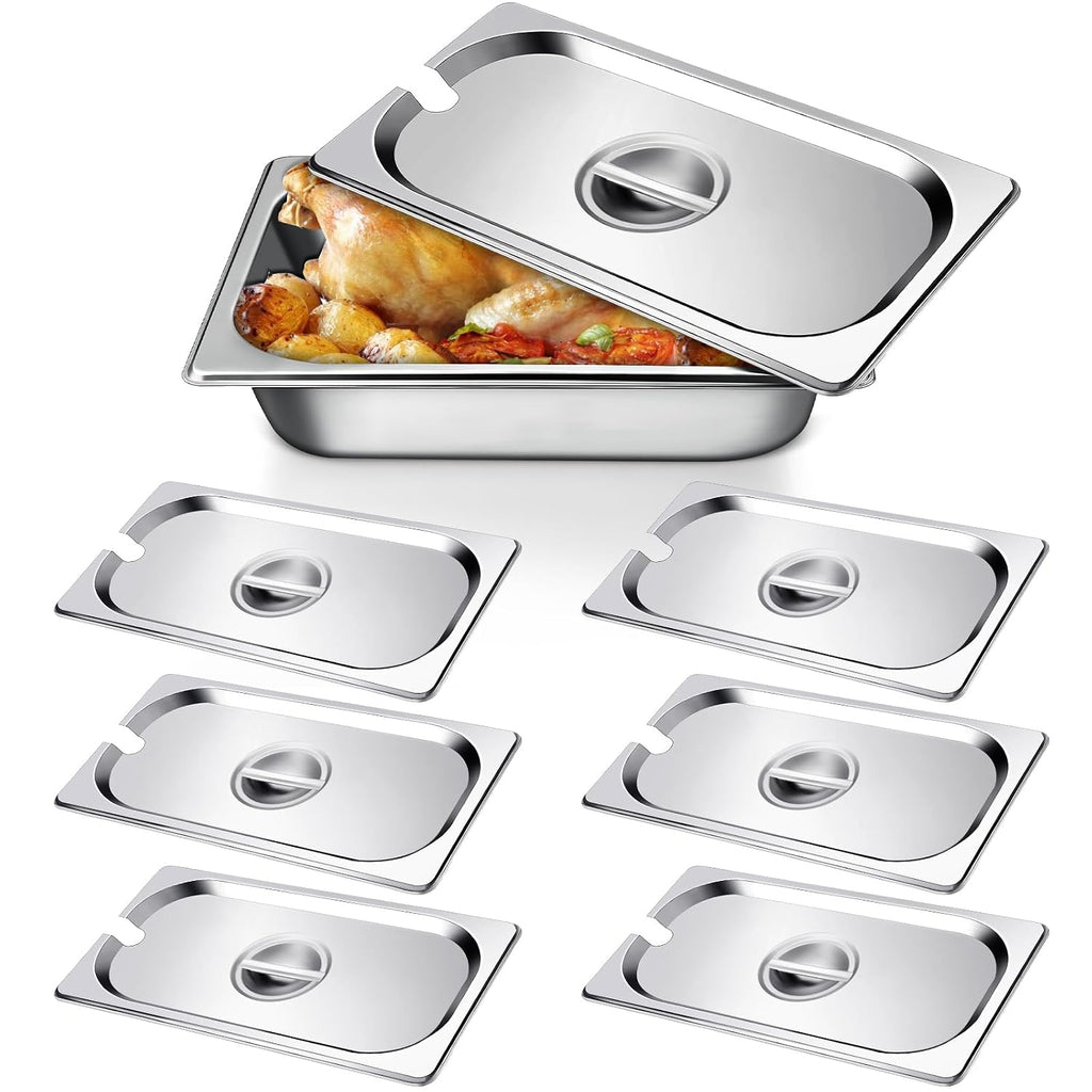 6 Pack 1/3 Steam Table Pan Covers Stainless Steel Hotel Pan Lid with Handle Catering Food Pan Cover Slotted Notched