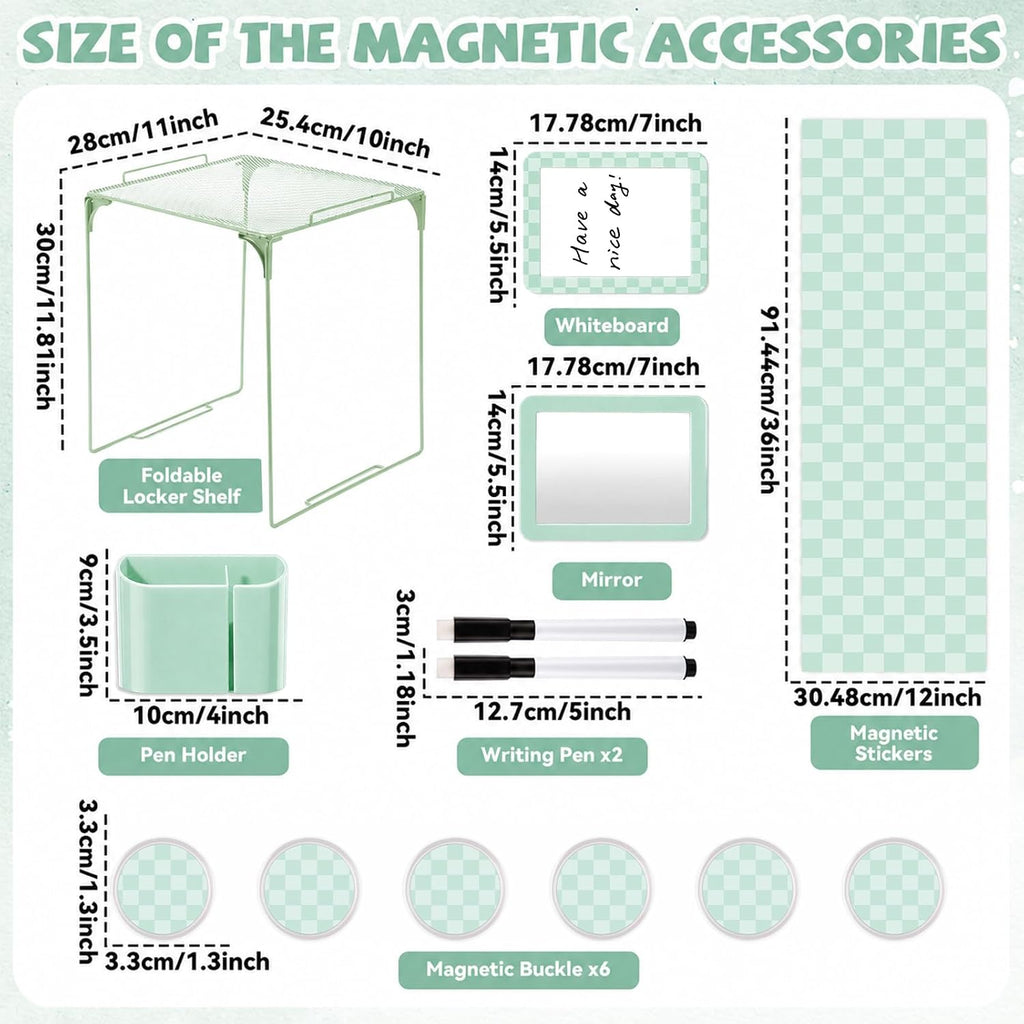 Green Checkered Locker Accessories and Organizer Kit Include Pastel Checkerboard Print Wallpaper Magnetic Mirror