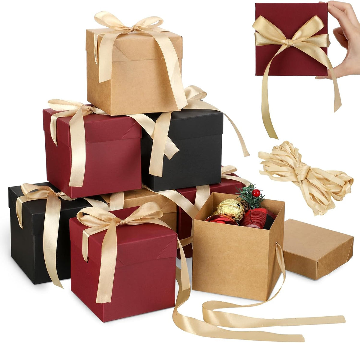 30 Pcs Small Gift Boxes with Lids 4 Inch Squared Christmas Gift Boxes with Gold Ribbon Packaging Red Brown Black