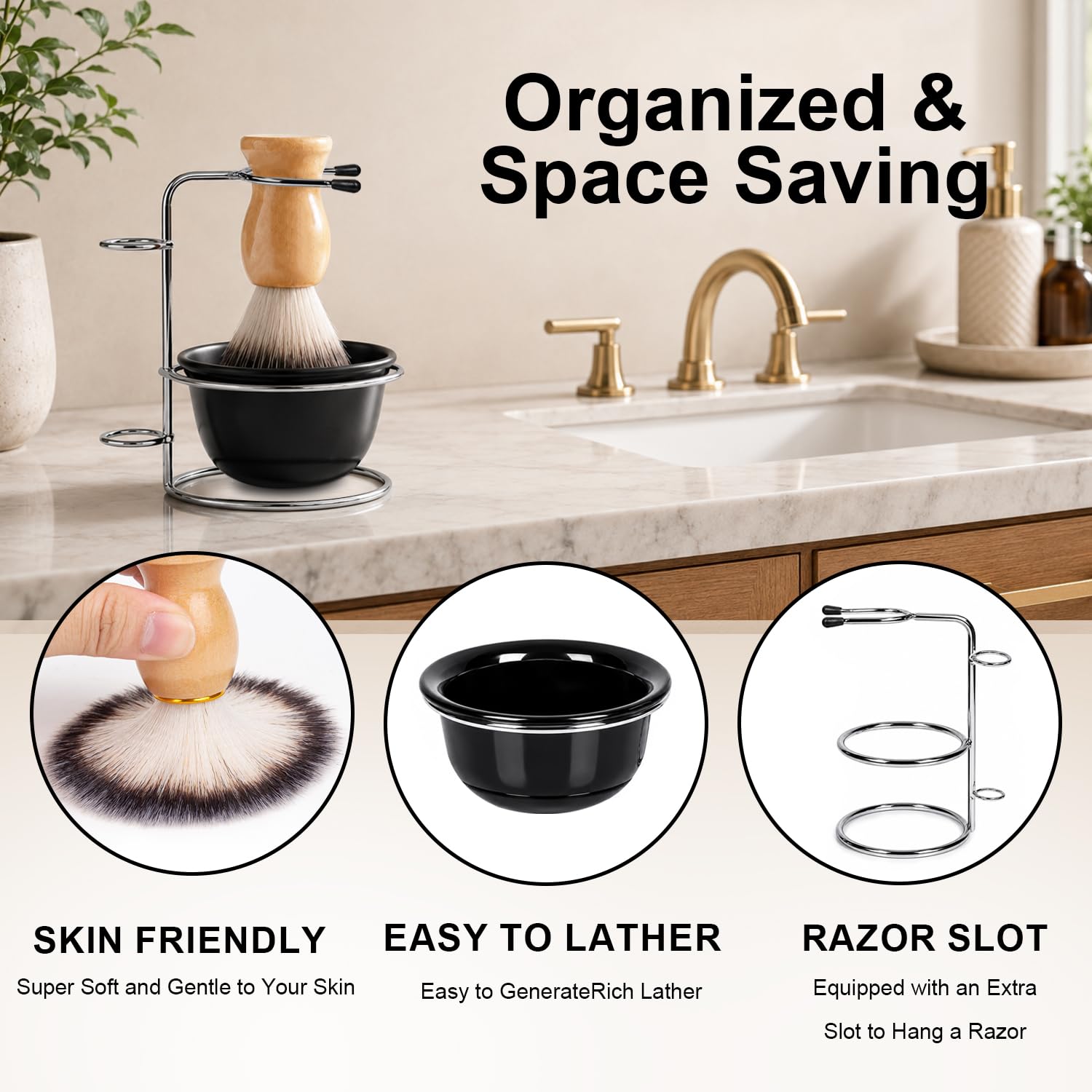 Men's 3 in 1 Shaving Brush Set, Nylon Brush with Stand & Bowl, Wet Shave Kit for Father's Day Gift | Soft nylon