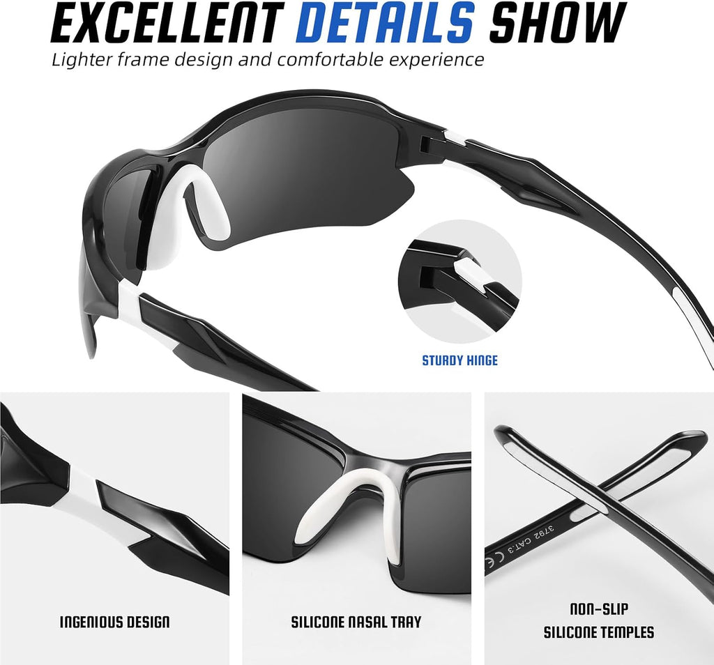 3 Pack Polarized Sports Sunglasses for Men, UV Protection Half Frame Sunglasses Comfortable for Running Cycling Driving