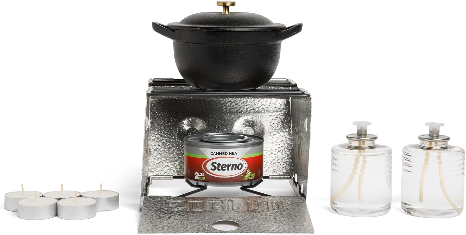 Emergency Preparedness Kit with Stove & Candles | Folding stove, 2 liquid wax candles (50 hours each), 5 tealights (5