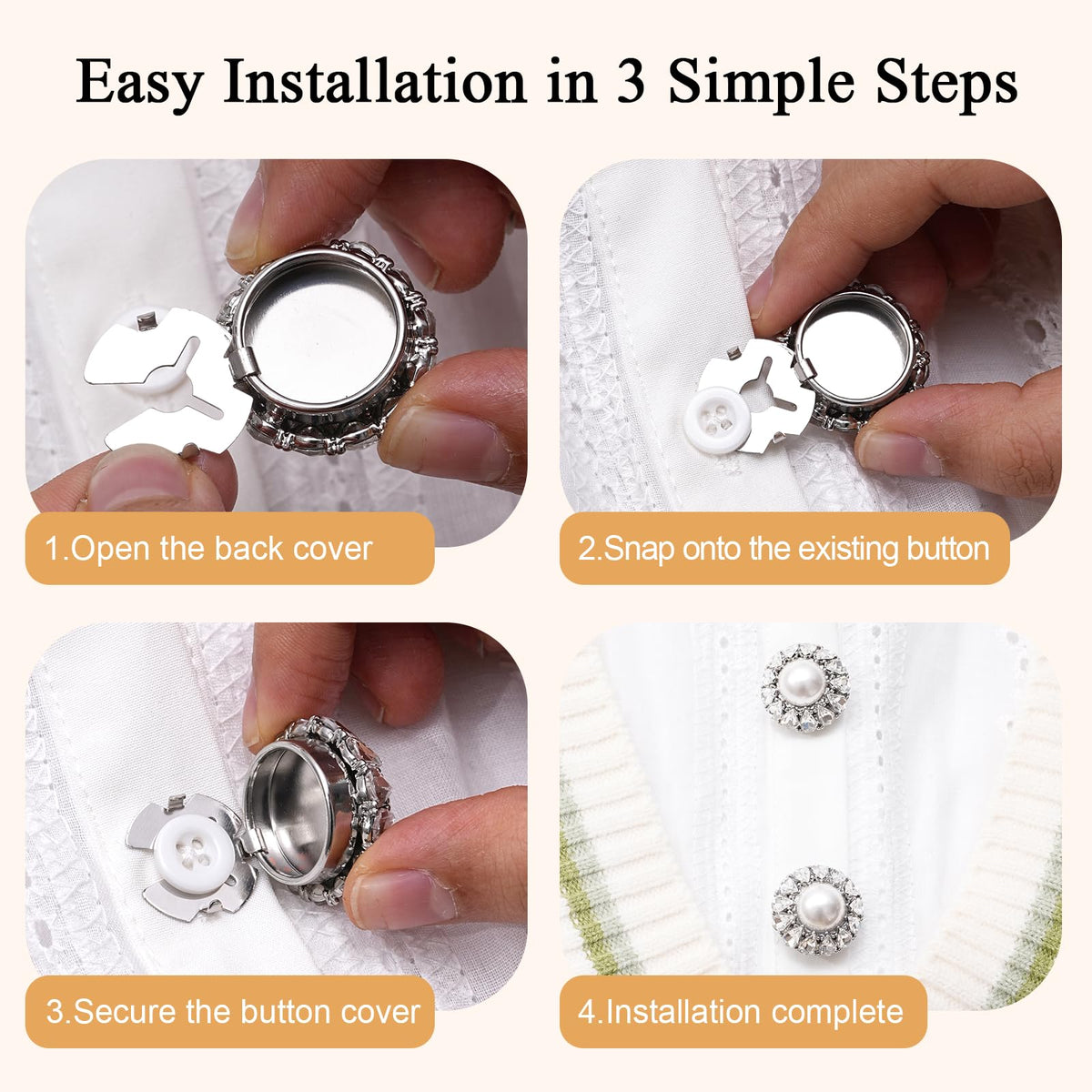 6Pcs Rhinestone Button Covers, Detachable Crystal Embellishment