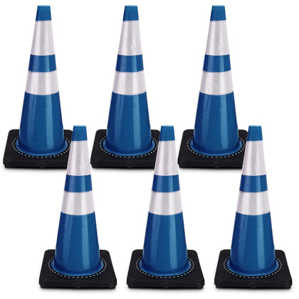 6 Pack Traffic Safety Cones 28 Inch Plastic PVC Blue Traffic Cones with Black Base and Reflective Collars for Street