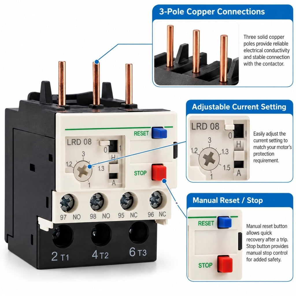 LRD Thermal Overload Relay, Adjustable Motor Overload Protection, 1-Pack