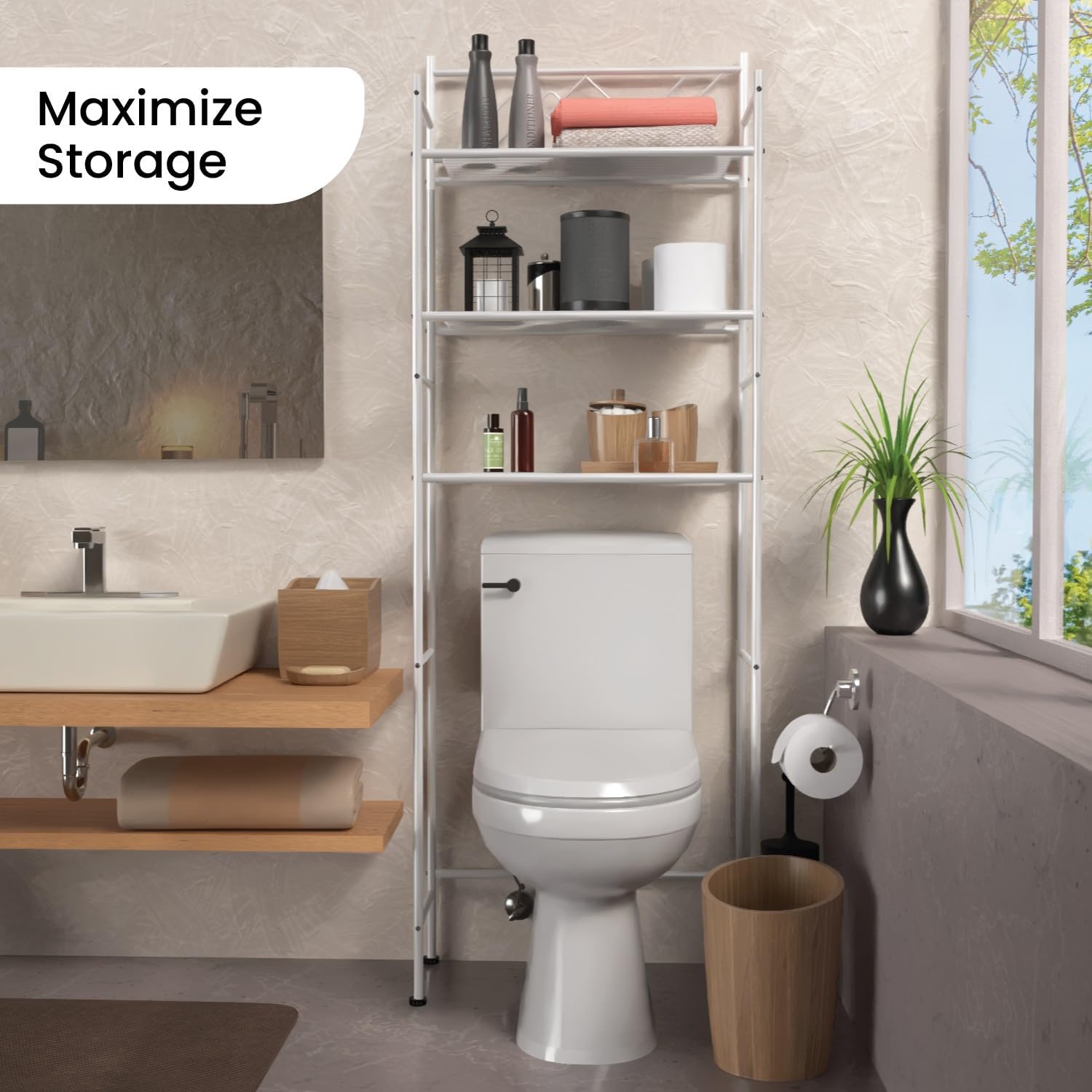 Over-the-Toilet Bathroom Storage Cabinet Organizer | Freestanding Steel Frame Design with 3-Tier Shelves and