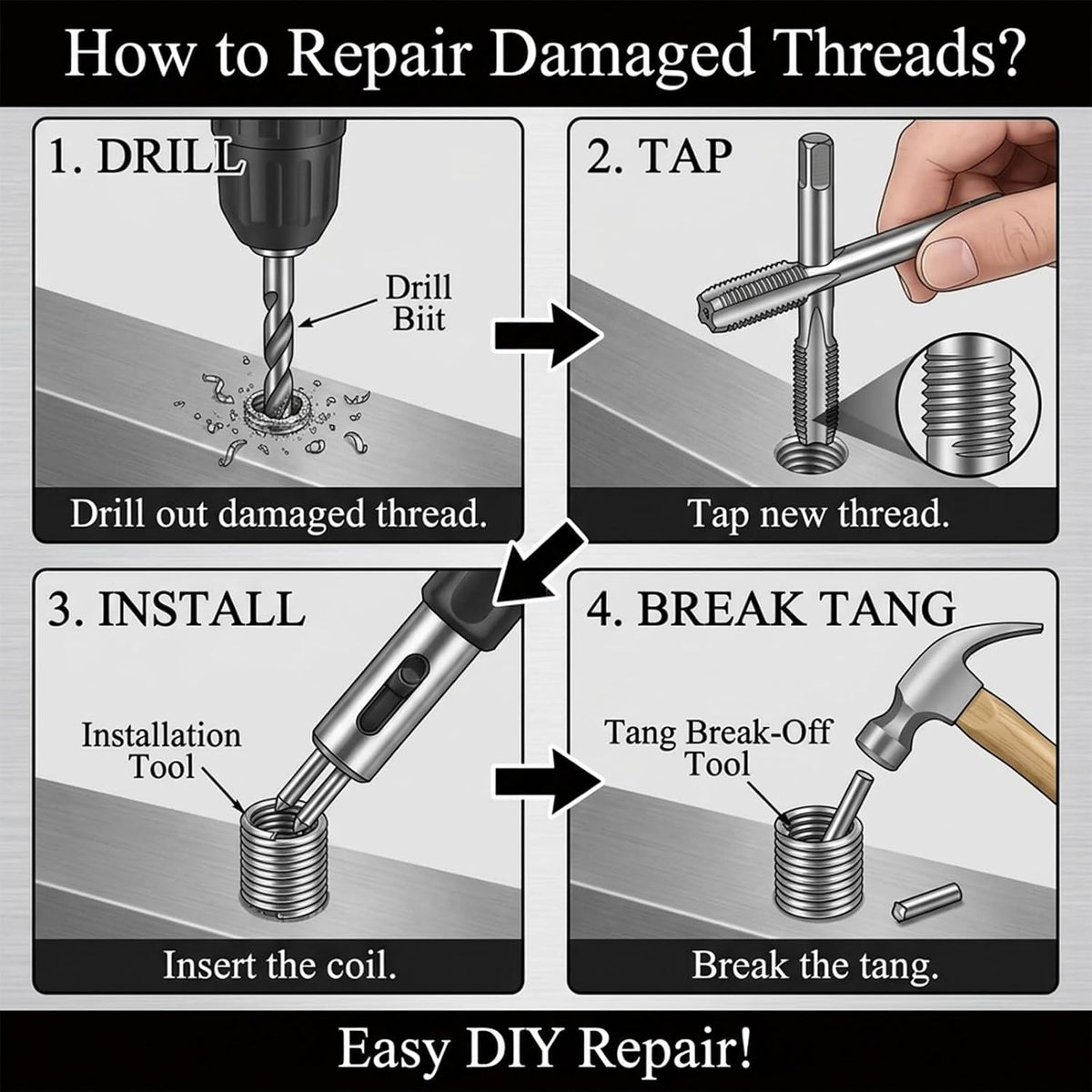 Metric Thread Repair Inserts, 140-Pcs 304 Stainless Steel, M3-M12