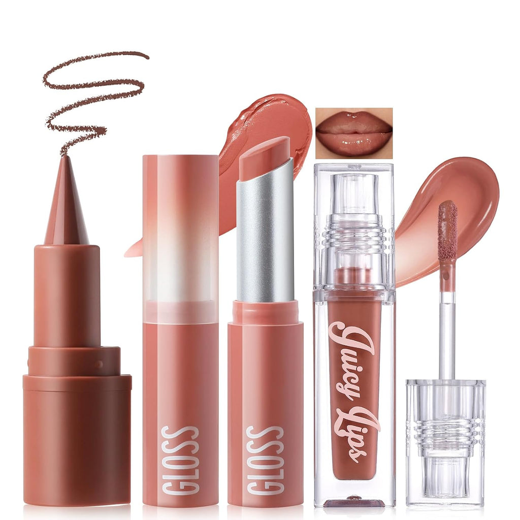 3 Pcs Juicy Nude Lip Kit - Brown Gradient Lip Liner & Nourishing Lipstick & Glossy Lip Gloss, Long-Lasting