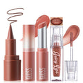 3 Pcs Juicy Nude Lip Kit - Brown Gradient Lip Liner & Nourishing Lipstick & Glossy Lip Gloss, Long-Lasting